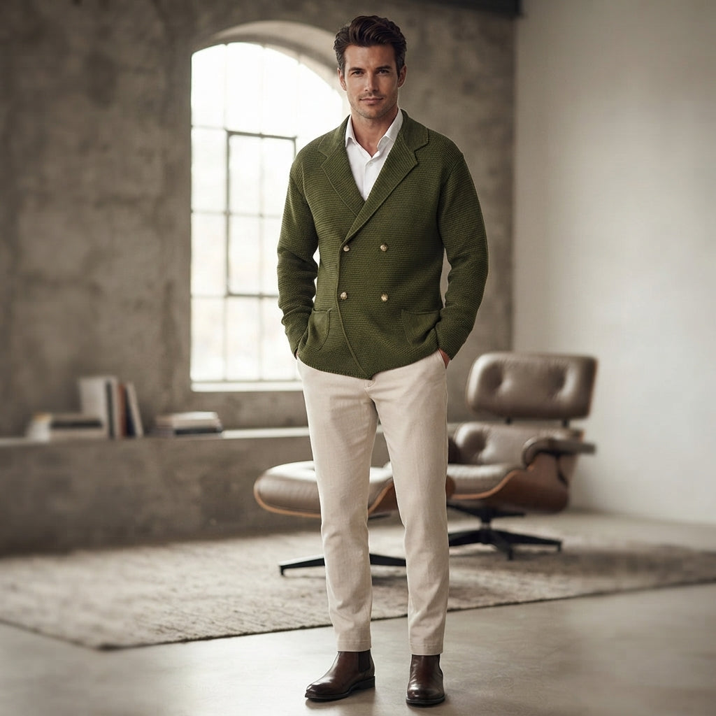 A man stands in a modern loft-style room wearing an olive green double-breasted blazer over a white shirt, paired with cream trousers and dark brown leather shoes. A brown lounge chair and concrete walls are visible in the background.
