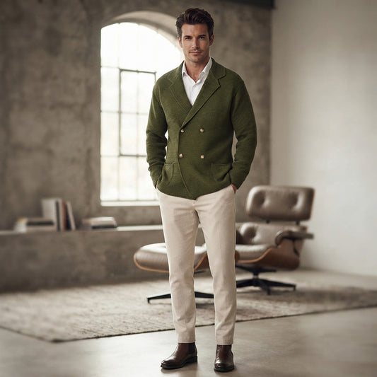 A man stands in a modern loft-style room wearing an olive green double-breasted blazer over a white shirt, paired with cream trousers and dark brown leather shoes. A brown lounge chair and concrete walls are visible in the background.