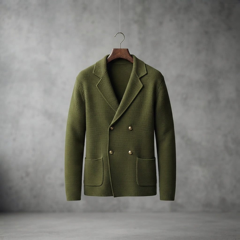 An olive green textured knit blazer with a double-breasted design and gold buttons, hanging on a wooden hanger against a gray textured studio background.