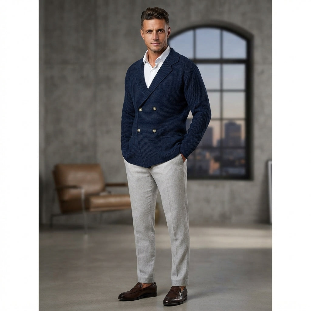 A man modeling a navy blue double-breasted blazer over a white collared shirt, paired with light gray trousers and dark brown leather dress shoes, standing in a modern loft setting with a concrete floor and a large arched window.