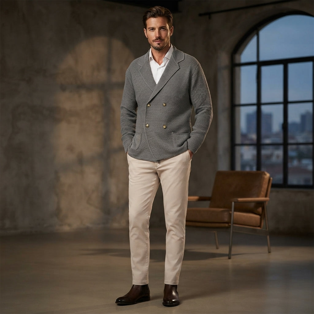 A man stands in a loft-style room wearing a gray double-breasted blazer over a white shirt, paired with beige trousers and dark brown dress shoes. A brown armchair and a large arched window are visible in the background.