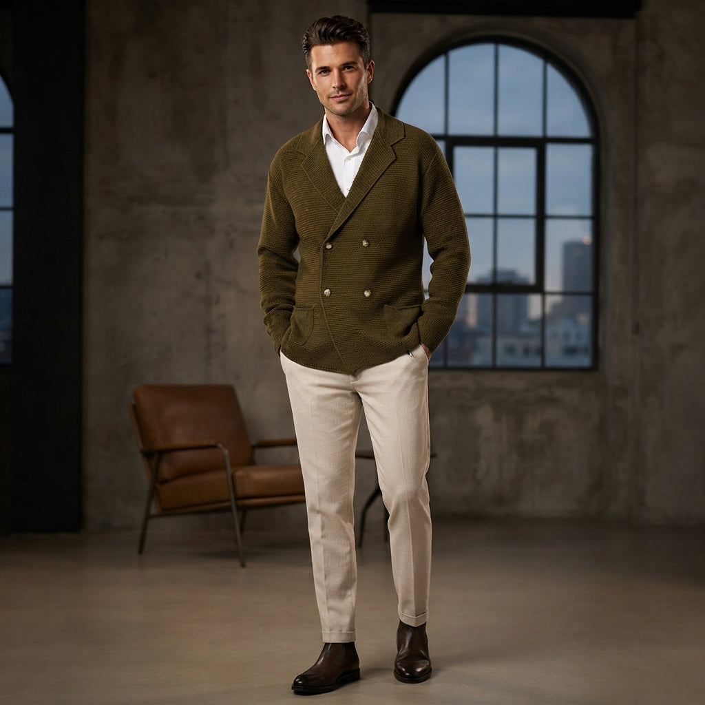 A man stands in a loft-style room wearing an olive green double-breasted knit blazer over a white shirt, paired with light beige trousers and dark brown dress shoes. A brown leather armchair is visible in the background near large arched windows.