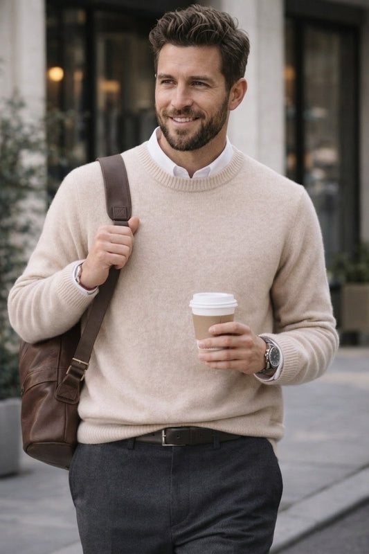 A man wearing a light beige crewneck sweater over a white collared shirt, carrying a brown leather shoulder bag and holding a paper coffee cup in an outdoor urban setting.
