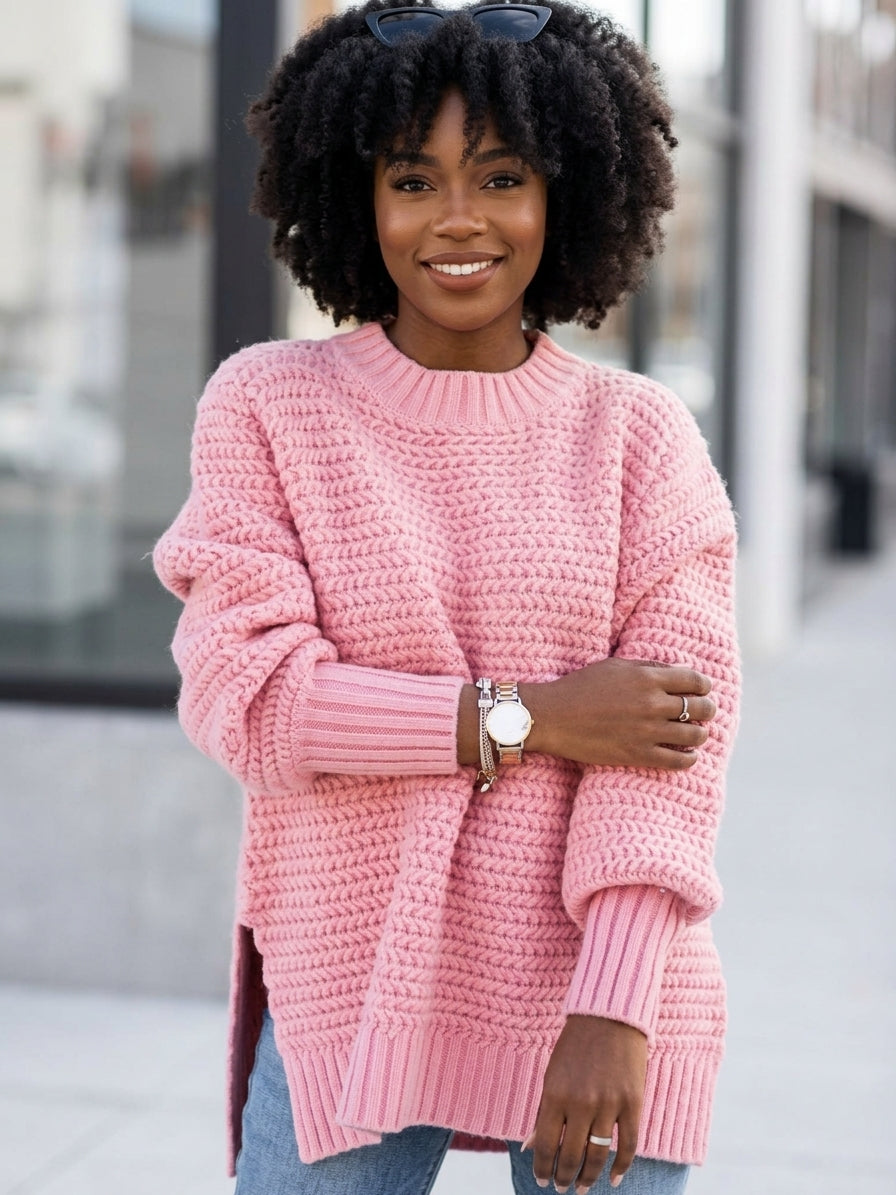 A woman with curly black hair wearing an oversized pink chunky-knit sweater and light blue jeans, standing outdoors in front of a blurred city background.