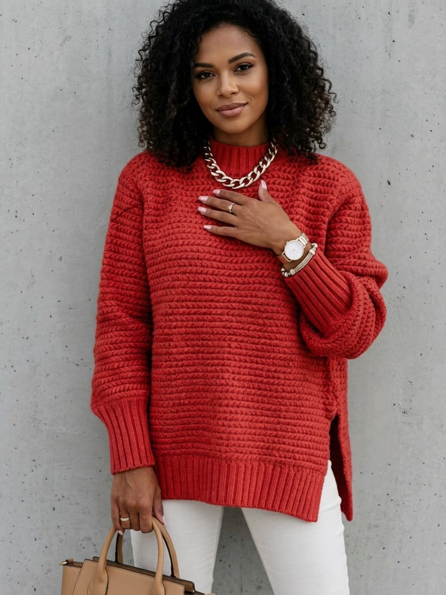A woman wearing an oversized, chunky knit red sweater, styled with white pants, a chunky silver chain necklace, a watch, and holding a tan handbag against a gray concrete wall.