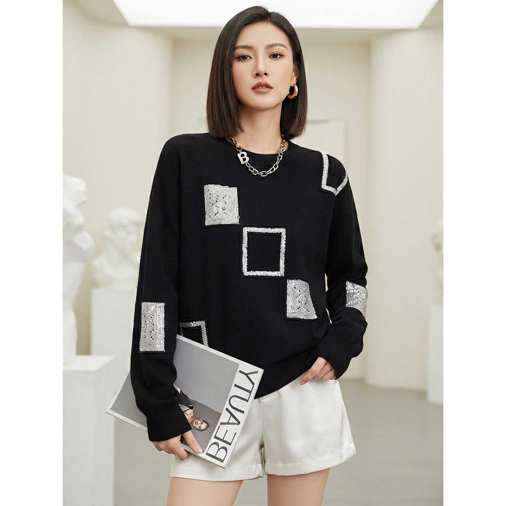 A woman modeling a black long-sleeve sweater with silver rhinestone square and rectangular patchwork details, paired with white shorts and holding a magazine in a bright, modern indoor setting.