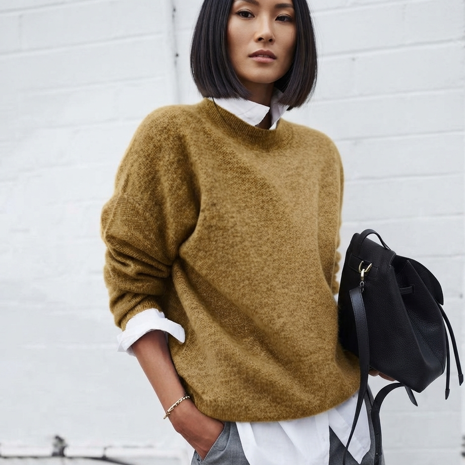 A woman wearing a fuzzy mustard-yellow knit sweater over a white collared shirt, paired with gray trousers and carrying a black backpack, standing against a white brick wall.