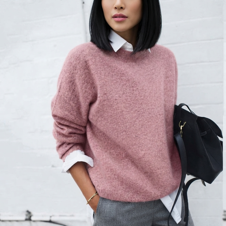 A woman wearing a fuzzy dusty pink crewneck sweater over a white collared shirt, paired with gray trousers and a black backpack, standing against a white brick wall.