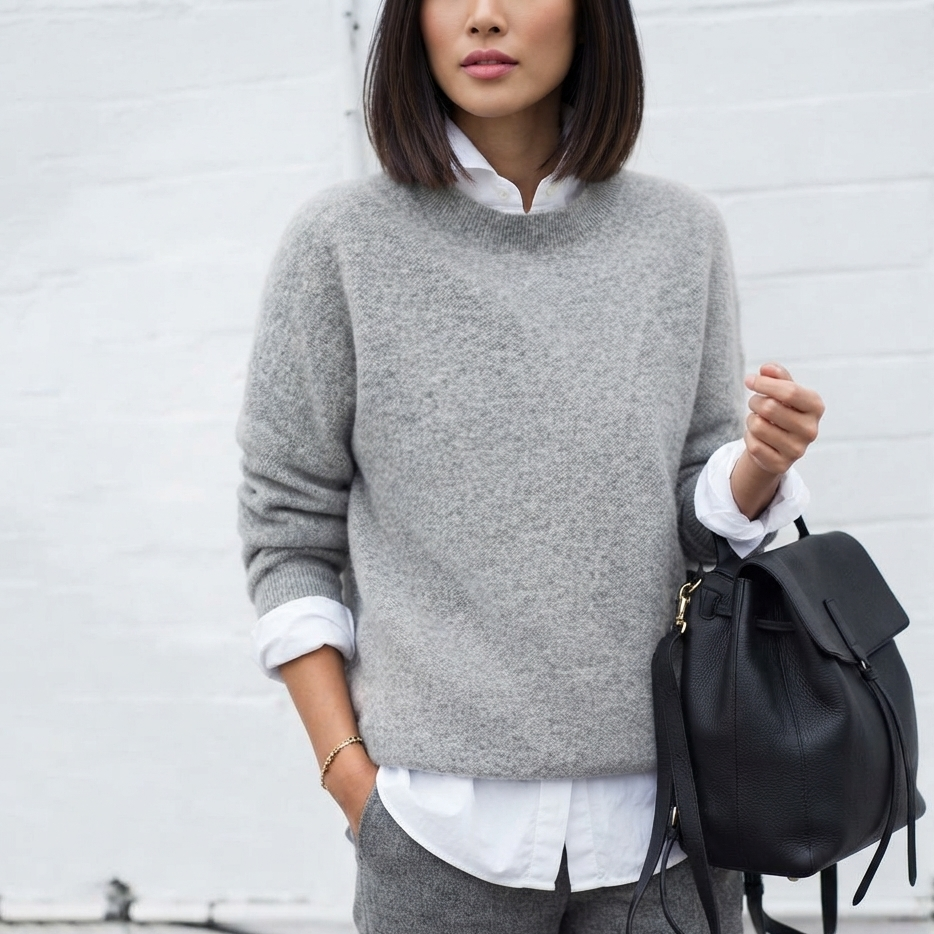 A woman wearing a light gray knit sweater over a white collared shirt, paired with gray trousers and carrying a black leather backpack, standing against a white brick wall.