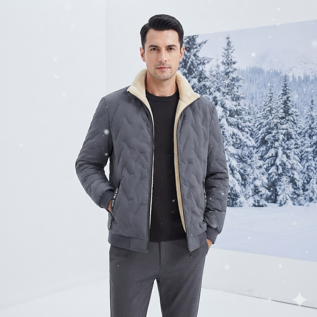 A man wearing a dark gray quilted winter jacket with a beige sherpa collar, standing in front of a snowy forest backdrop.