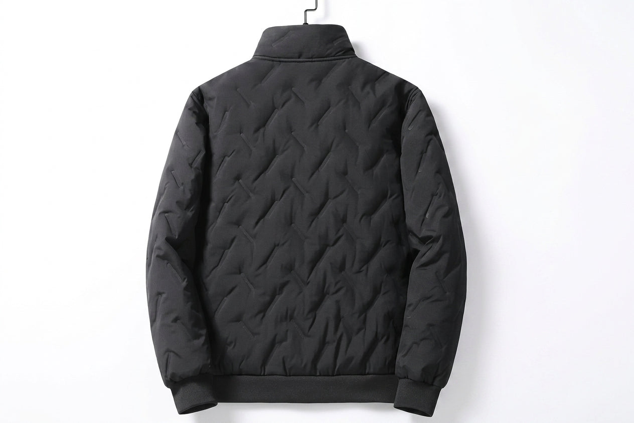 A black quilted puffer jacket with a stand-up collar, shown from the back on a hanger against a plain white background.
