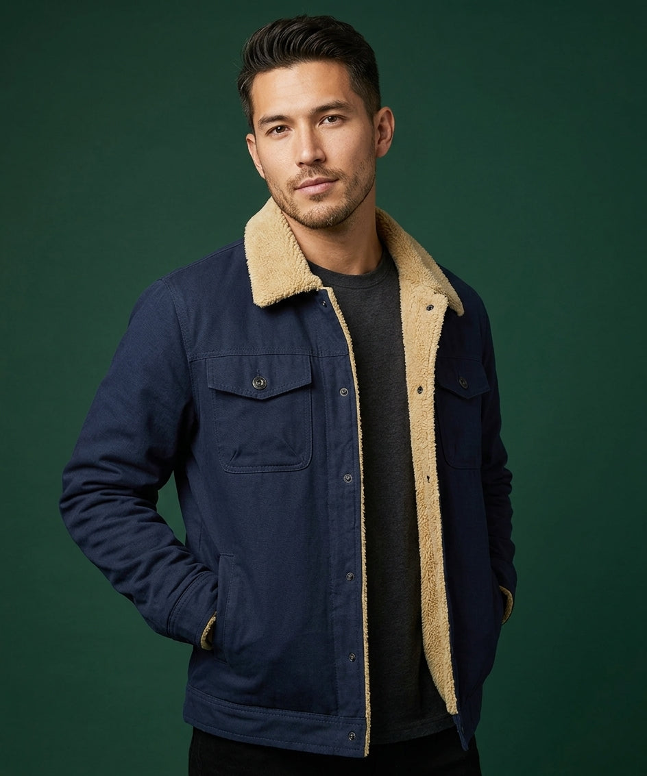 A man wearing a navy blue jacket with a beige sherpa collar, layered over a dark gray t-shirt, posed against a solid dark green studio background.
