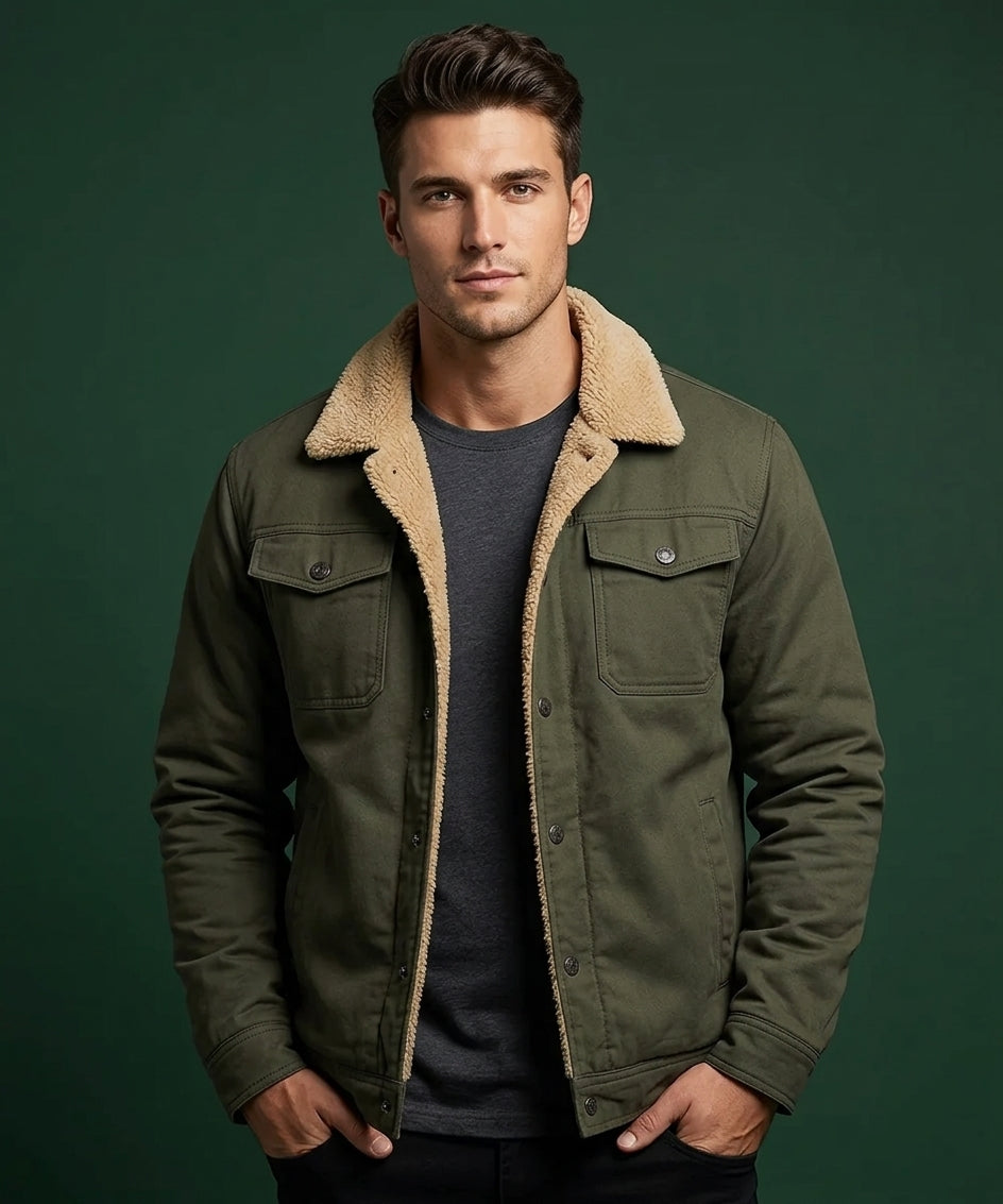 A man wearing an olive green jacket with a beige sherpa collar, layered over a dark gray t-shirt, standing against a dark green studio background.
