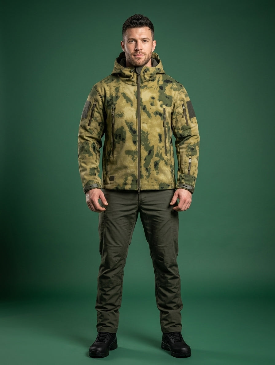 A man modeling a hooded camouflage jacket in olive green and tan tones, paired with dark olive pants and black boots, standing against a solid dark green studio background.