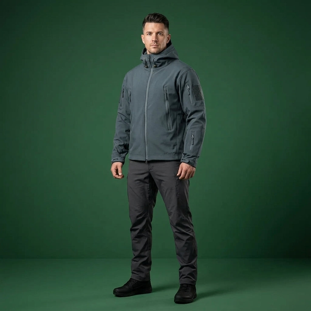 A man wearing a dark gray hooded jacket and dark gray pants stands against a solid green studio background.
