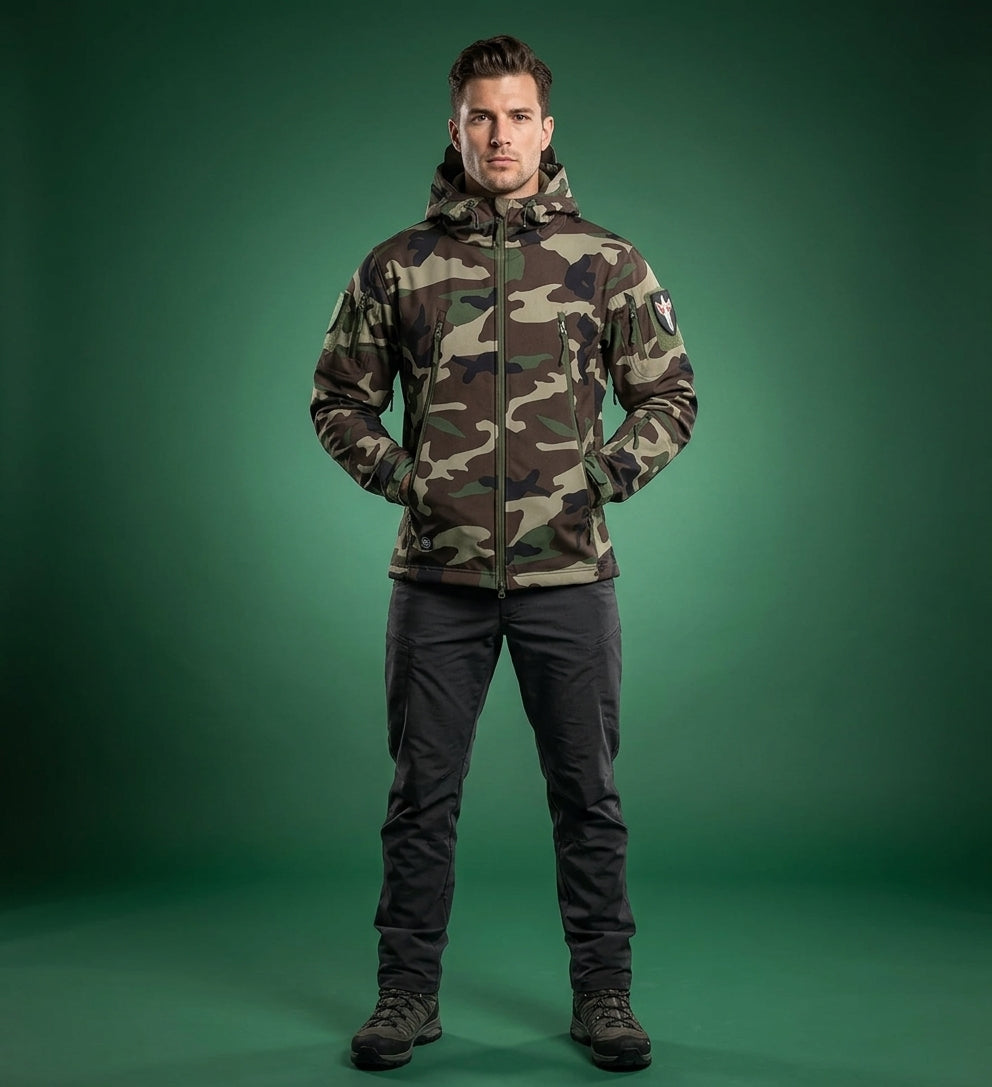 A man modeling a camouflage hooded jacket with dark pants, standing against a green studio background.