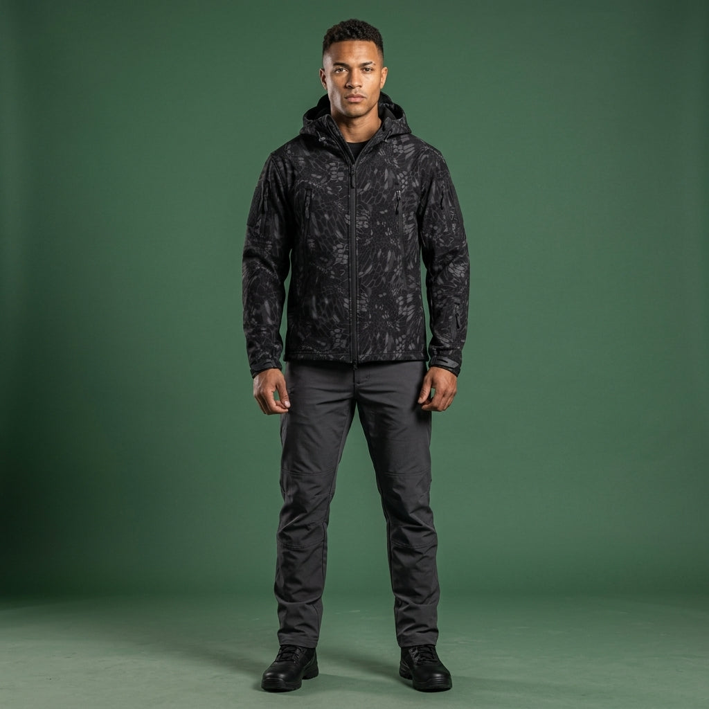 A man modeling a black hooded jacket with a subtle tonal camouflage pattern, paired with dark gray pants and black boots, standing against a solid green studio backdrop.