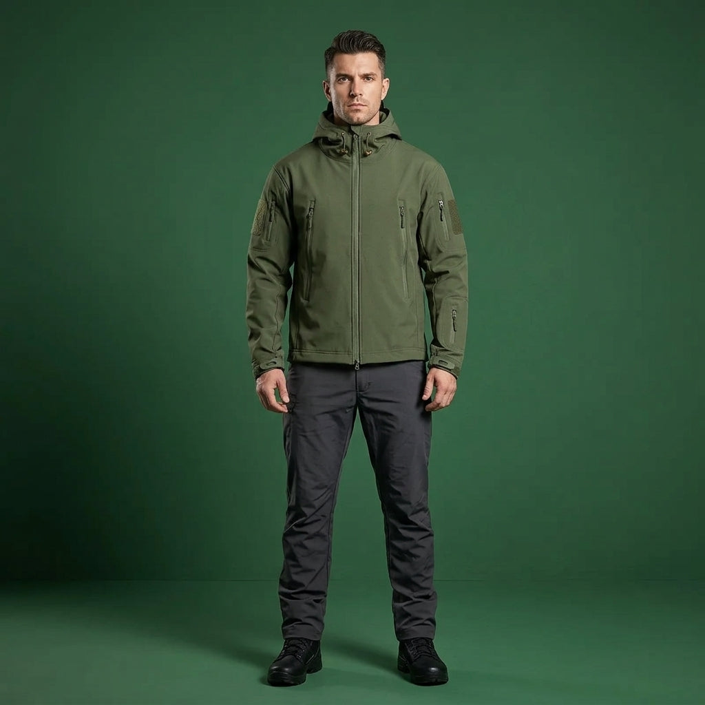 A man modeling an olive green hooded jacket with dark gray pants and black boots, standing against a solid green studio backdrop.
