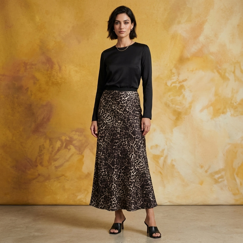 A woman stands in front of a textured golden-yellow studio backdrop wearing a black long-sleeve top and a high-waisted midi skirt with an abstract black, brown, and beige animal-like print. She is wearing black heeled sandals.