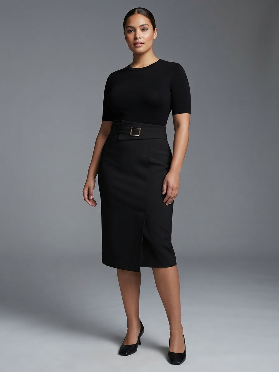 A woman modeling a black short-sleeve knit top and matching black knee-length skirt with a wide waist belt, styled with black pointed-toe heels against a neutral gray studio background.