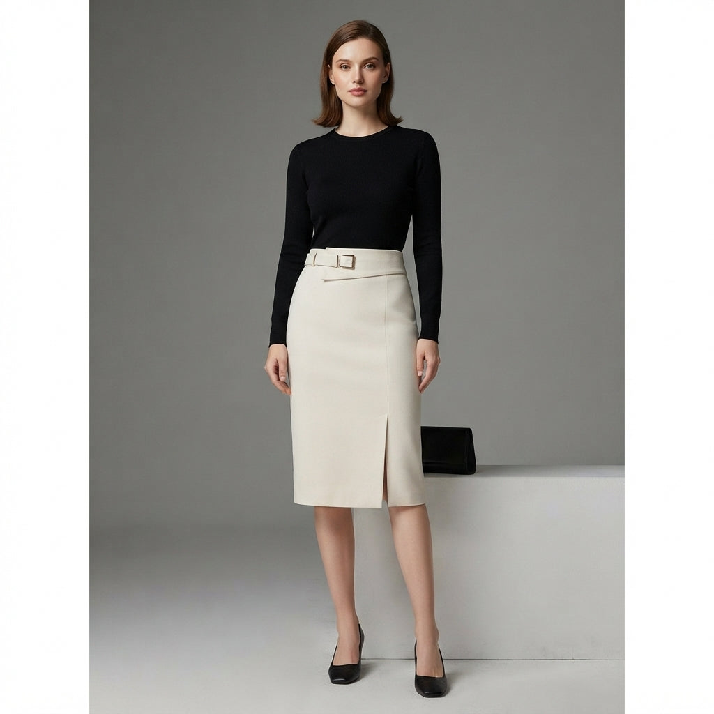 A woman stands in a studio wearing a black long-sleeve knit top and a light beige knee-length pencil skirt with a belt detail. She is posed against a neutral gray background with a white platform.