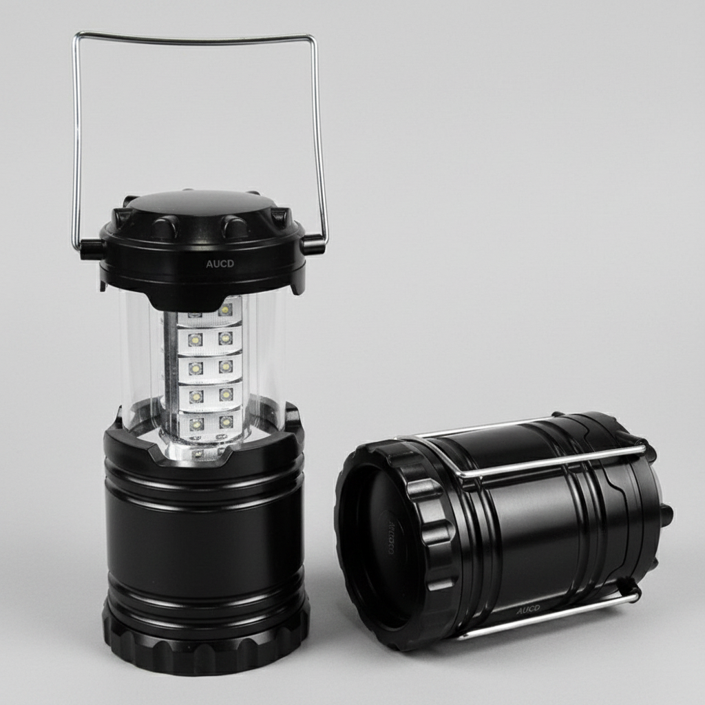 Black camping lantern with a clear cover on a gray background