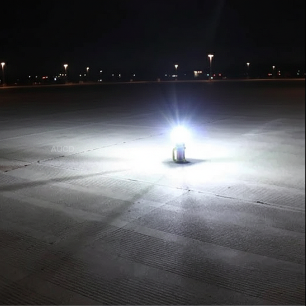 Bright light source on a dark pavement at night