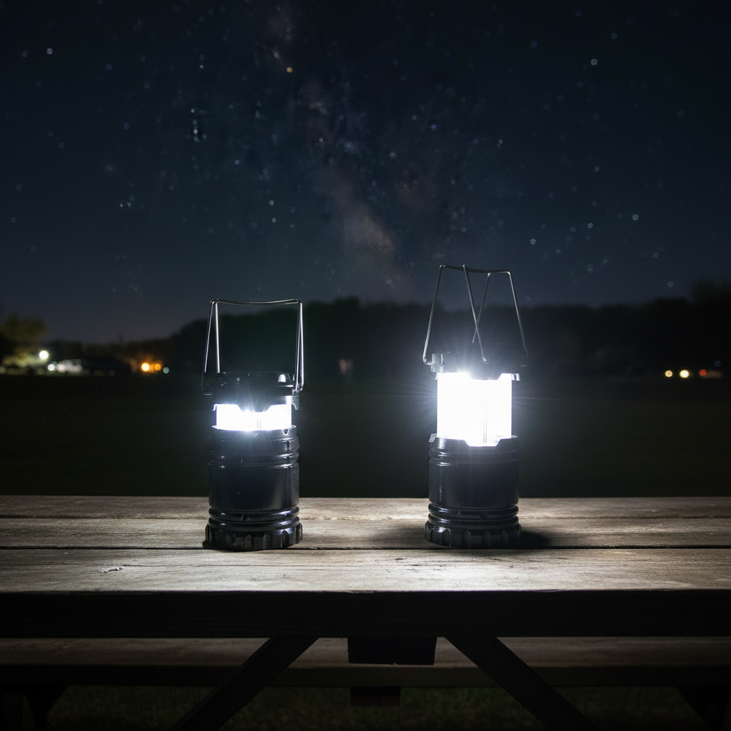 Two lanterns on a wooden table under a starry night sky.