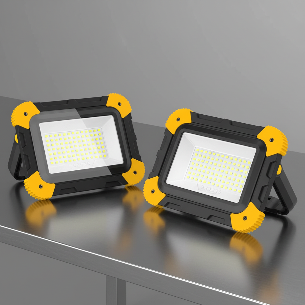 Two black and yellow flood lights on a gray surface with a gray background