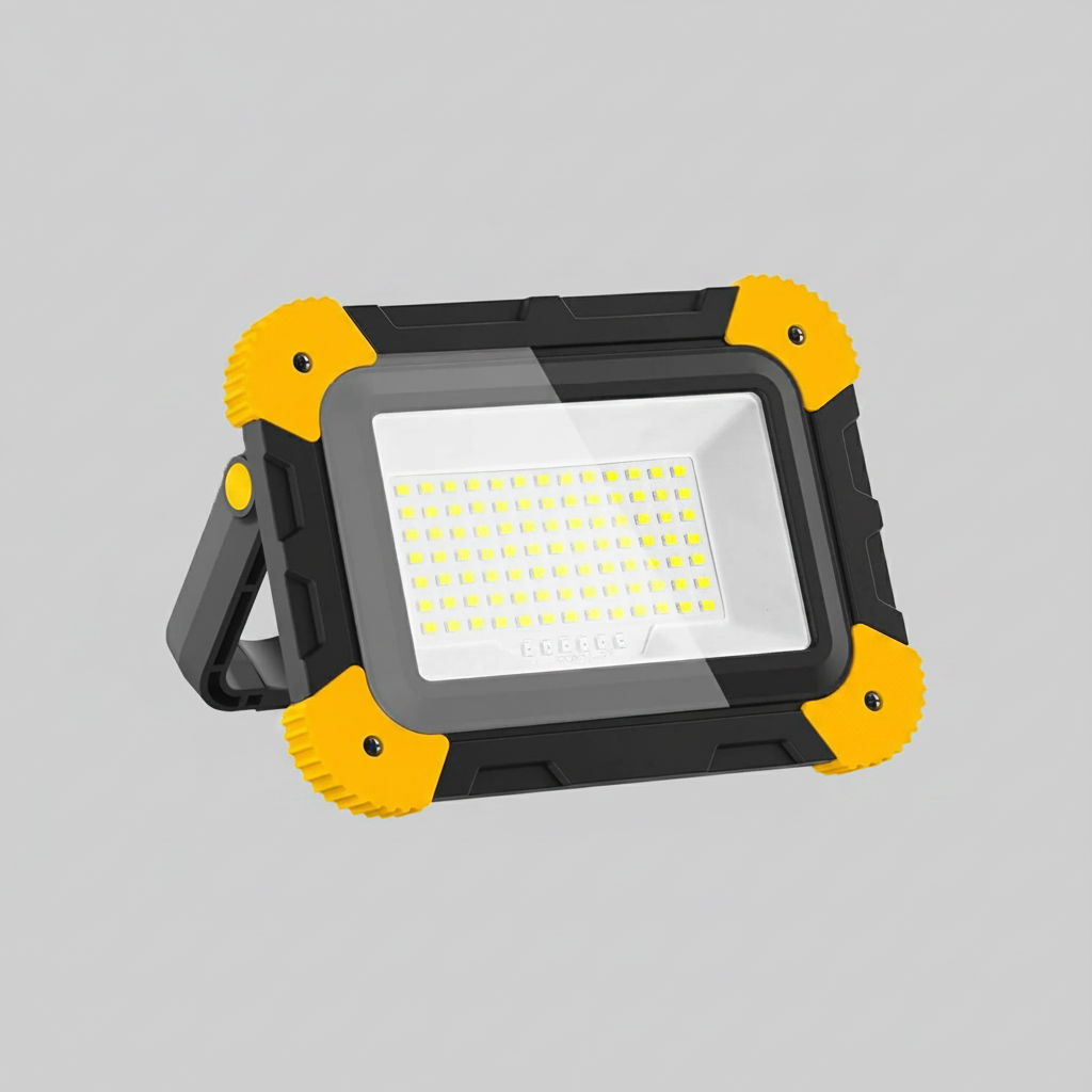Portable work light with black and yellow casing on a gray background