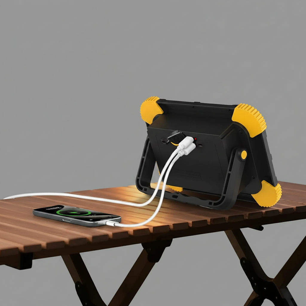 Black and yellow power station on a wooden table with a smartphone charging cable.
