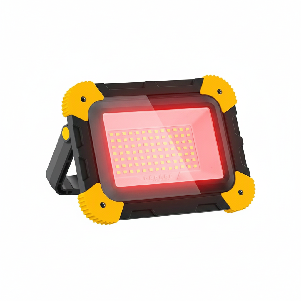 Portable work light with red and yellow casing on a white background