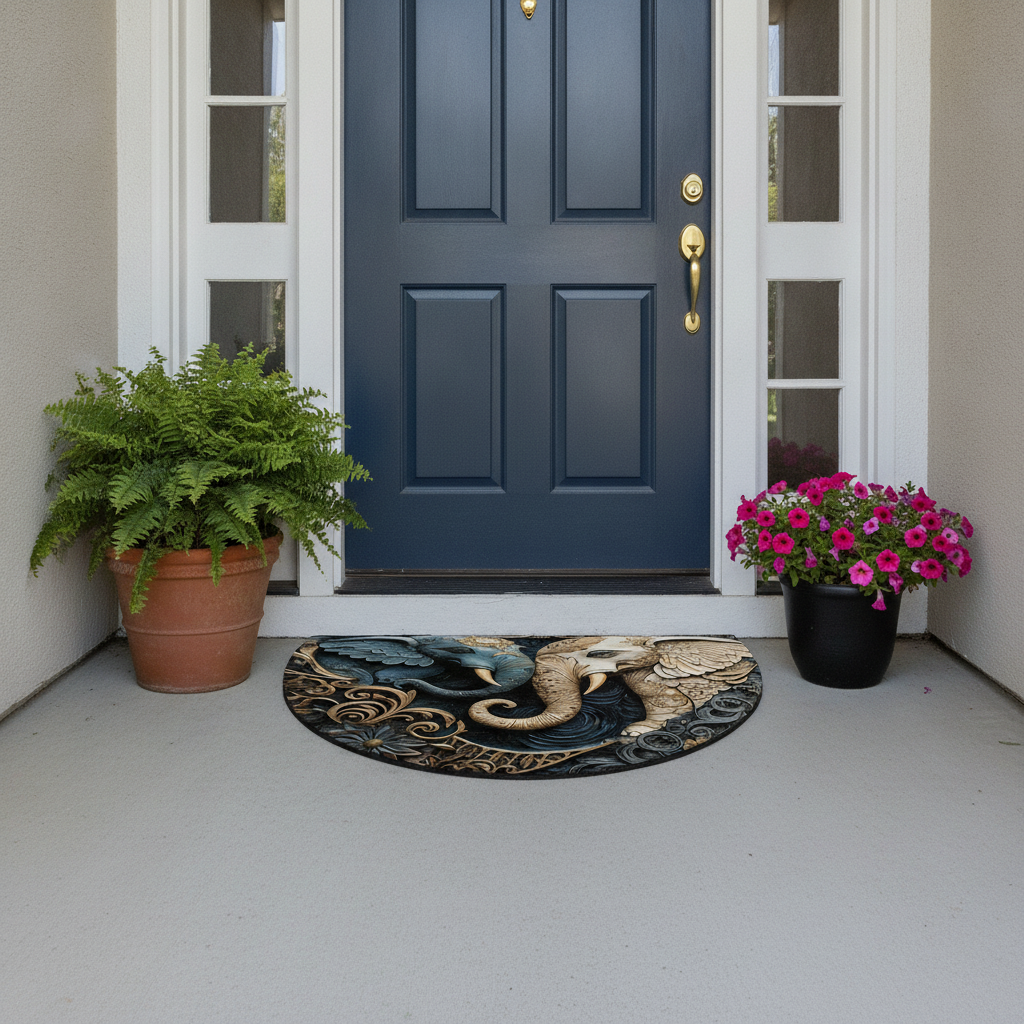 Front door with decorative doormat, potted plants, and flowers on a porch.