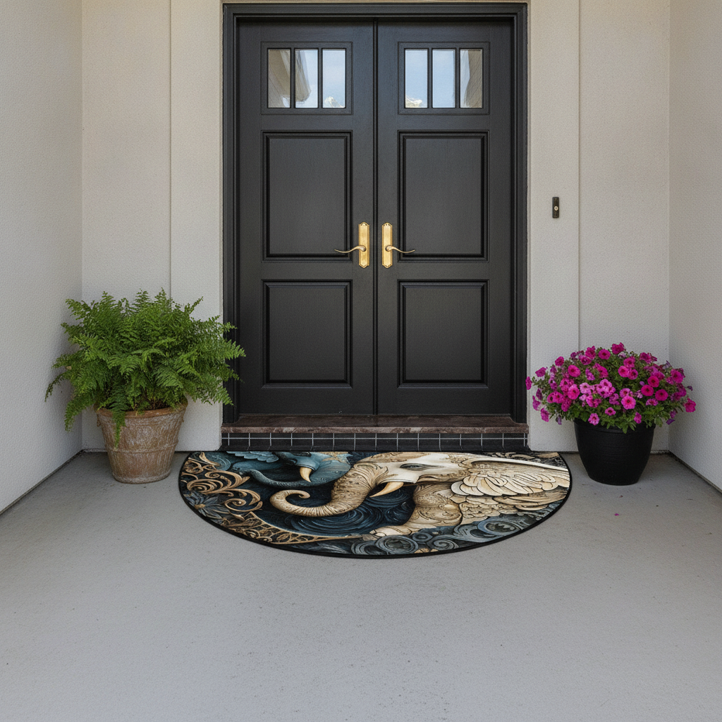 Decorative rug with a whale design in front of a black double door entrance.
