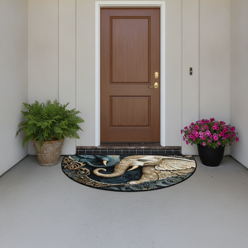 Decorative doormat with a whale design in front of a wooden door.