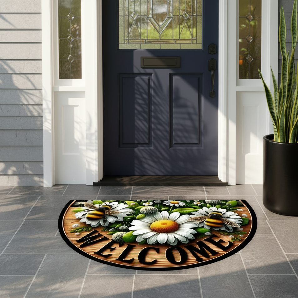 Flower Bee Theme Semi-Circular Door Mat 60x90cm 2