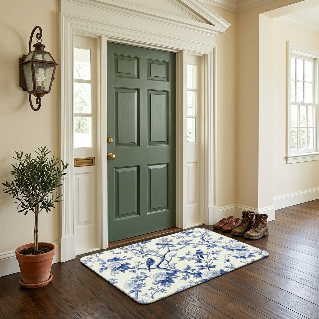 French Blue-White Felt Floor Mat Bird Flannel Non-Slip Rubber Base 3