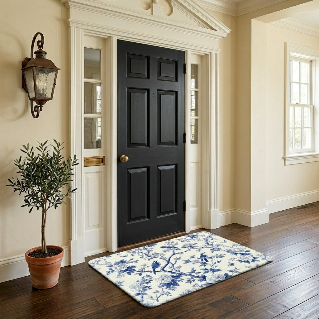 French Blue-White Felt Floor Mat Bird Flannel Non-Slip Rubber Base 2