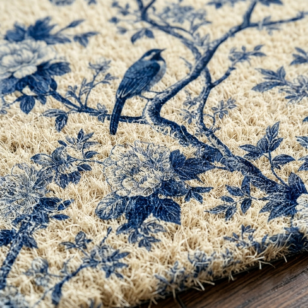 French Blue-White Felt Floor Mat Bird Flannel Non-Slip Rubber Base 4