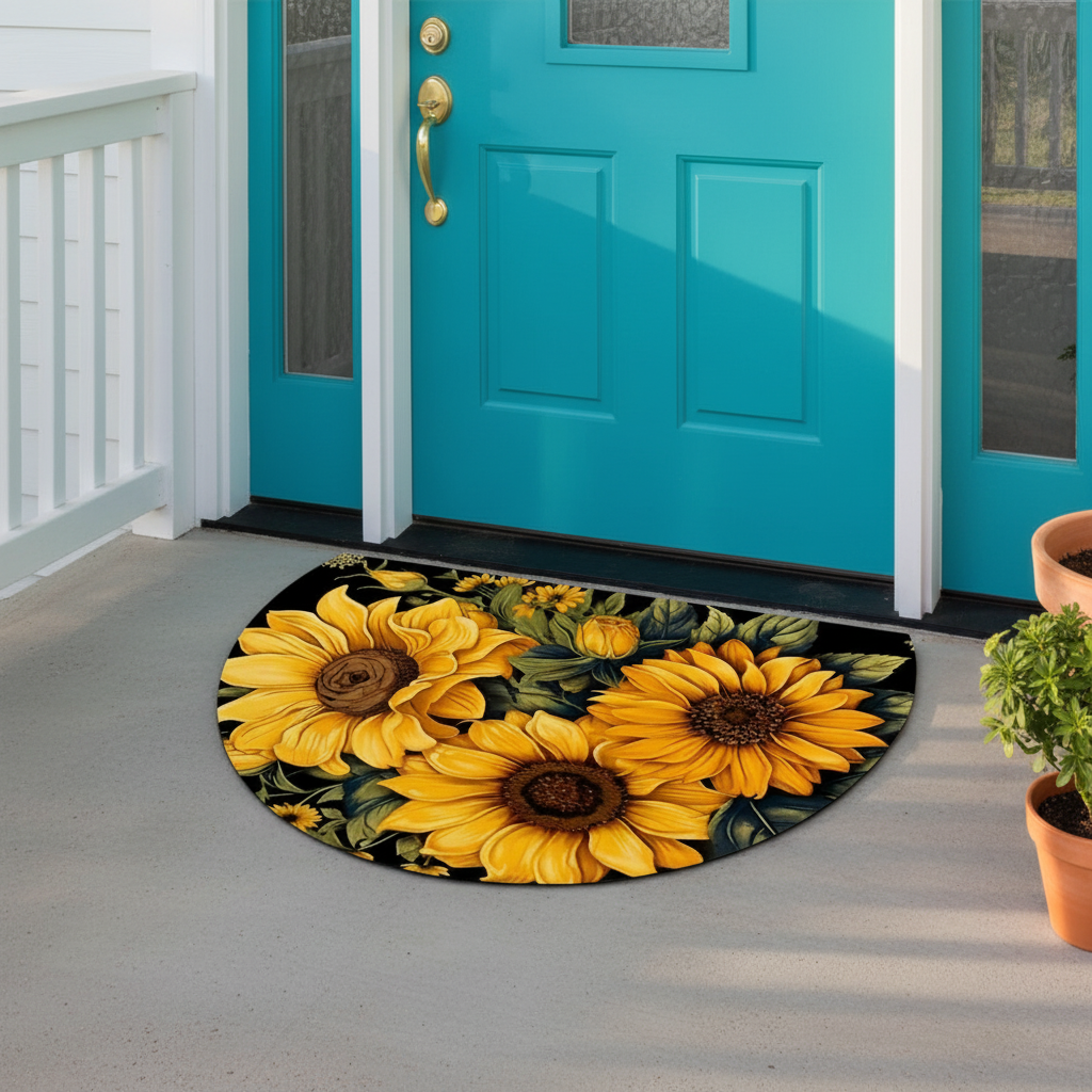 Sunflower design doormat in front of a teal door on a porch.