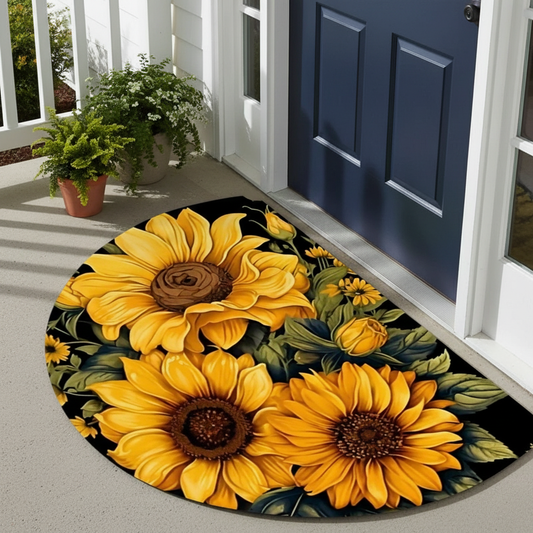 Round doormat with sunflower design on a porch