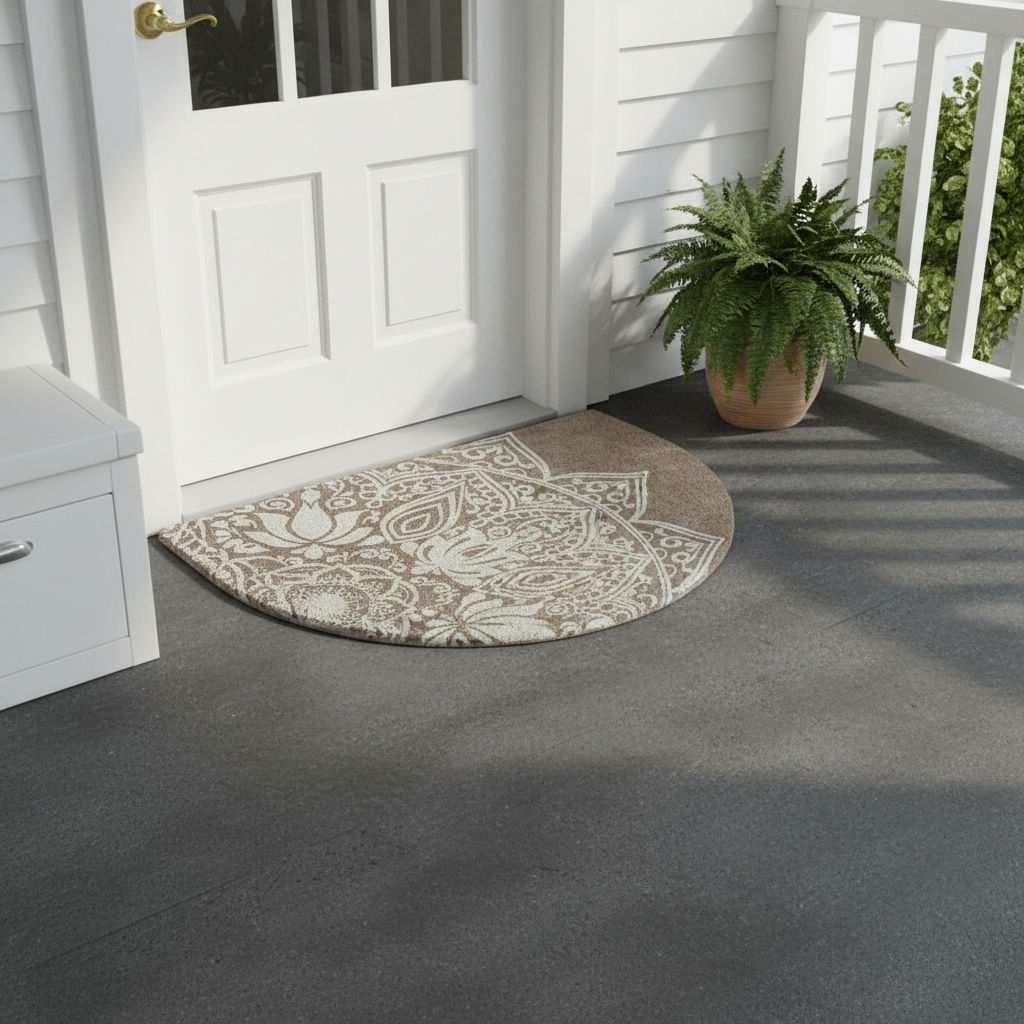 Round decorative rug on a gray floor in front of a white door with a plant nearby.