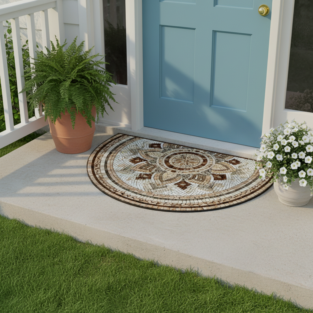Decorative doormat with a mosaic design on a porch with a blue door and potted plants.