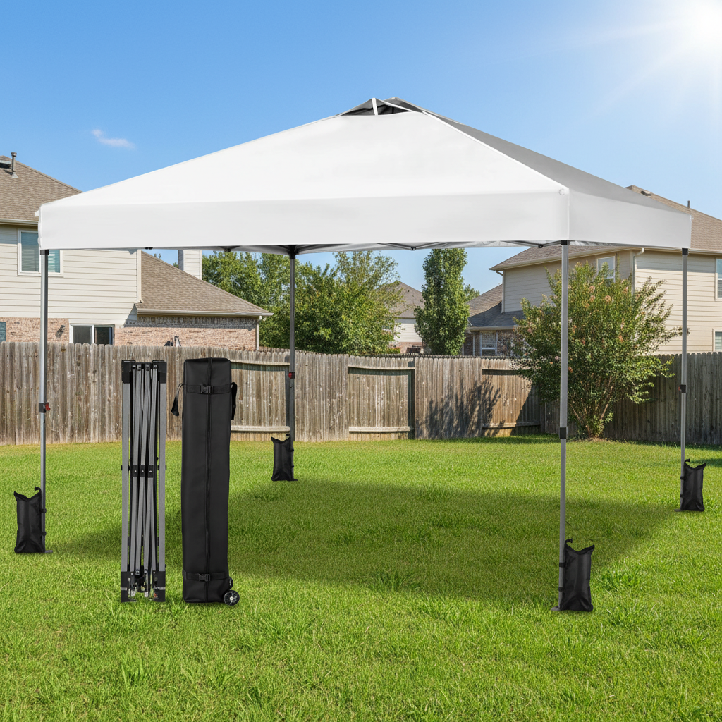 White outdoor canopy tent set up on a grassy area with houses and trees in the background.