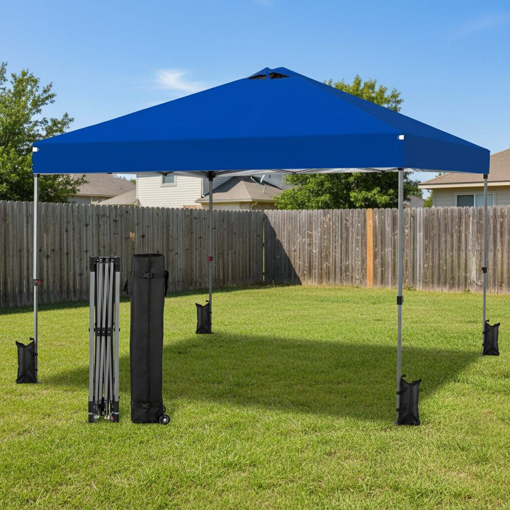 Blue pop-up canopy tent set up on a grassy area with a wooden fence and trees in the background.