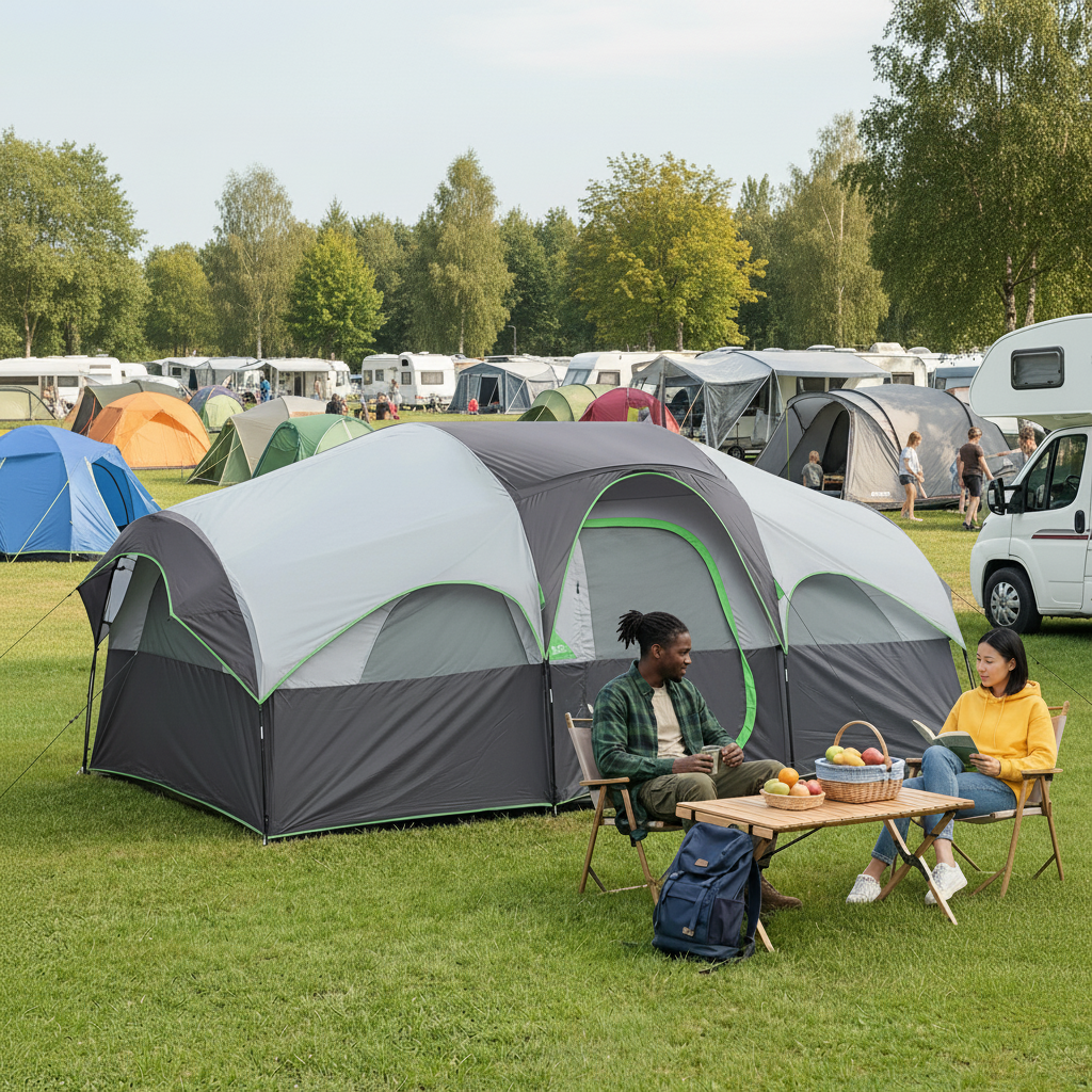 A large campground of tents and people with trees