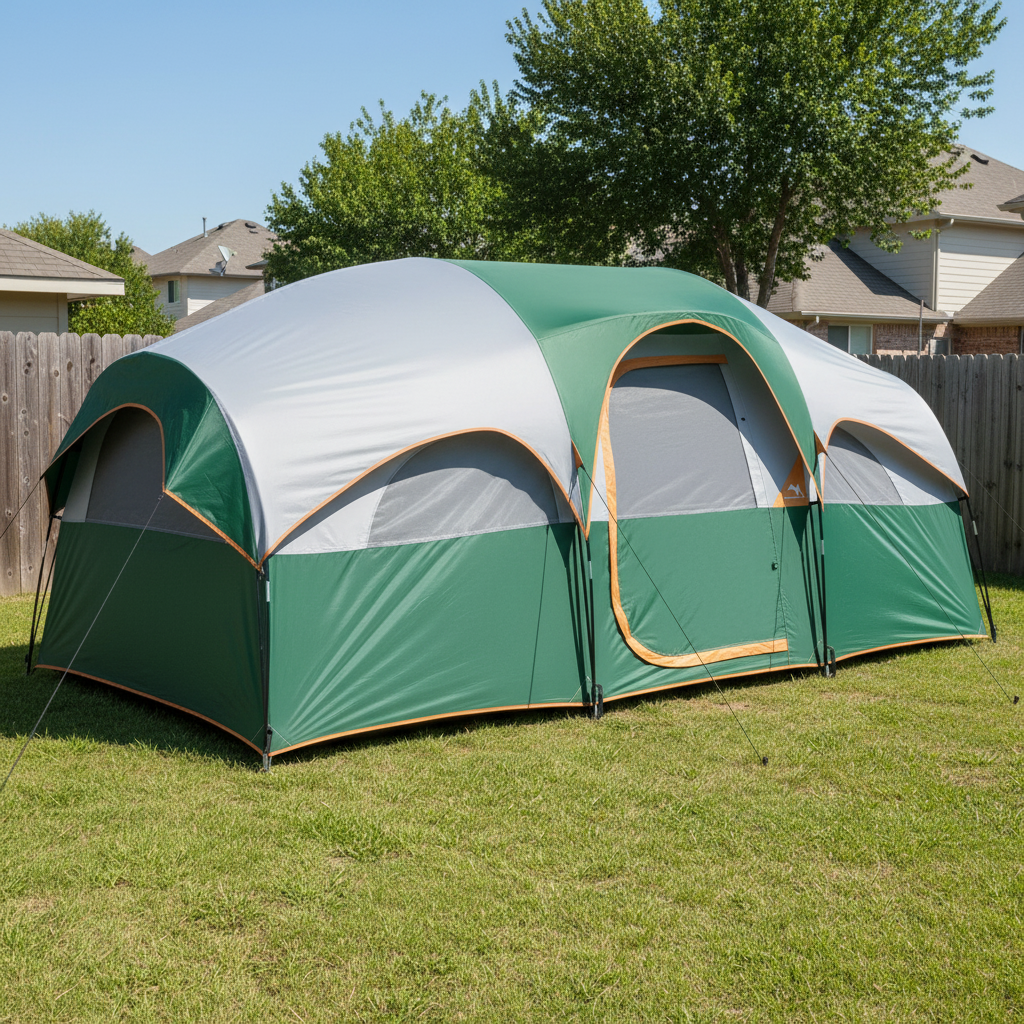 Green and gray camping tent on grass with trees and houses in the background
