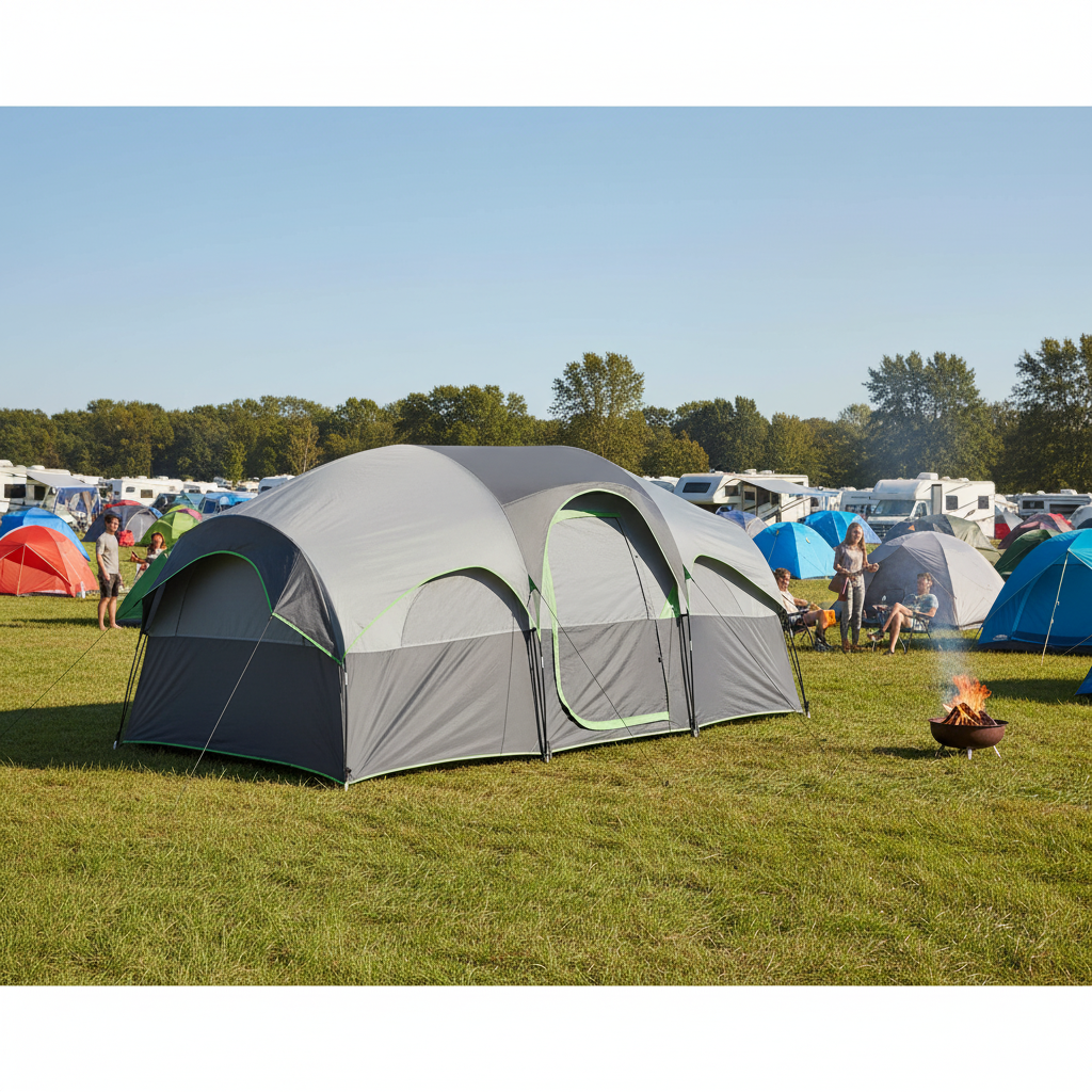 Large gray tent with green accents in a camping area with other tents and people.