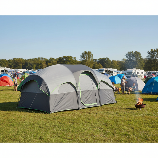 Large gray tent with green accents in a camping area with other tents and people.