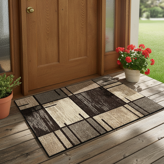 Patterned door mat on a wooden porch in front of a wooden door with potted plants